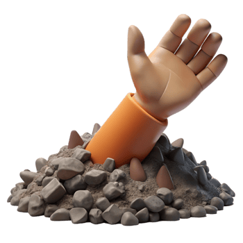 vibrant minimalist A withered hand reaching out from beneath a pile of rubble, haunting and symbolic, dim and dusty lighting detailed png