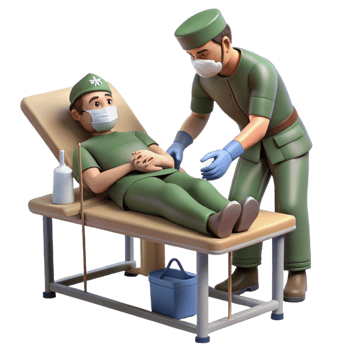 beautiful minimalist A medic tends to a wounded soldier in a makeshift field hospital. Somber lighting, documentary style detailed png