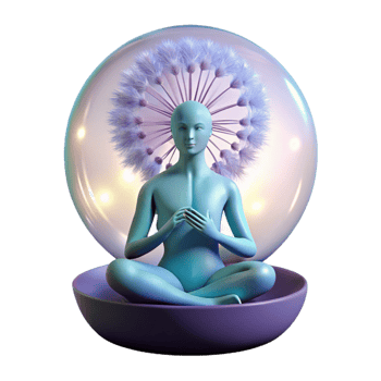 serene rustic A solitary figure with bioluminescent skin, meditating within a giant dandelion seedhead, lit by the ethereal glow of a nebula, Art Nouveau style genuine png