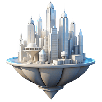 beautiful modern A futuristic floating city, sleek white architecture, bright sunlight, utopian style exclusive png