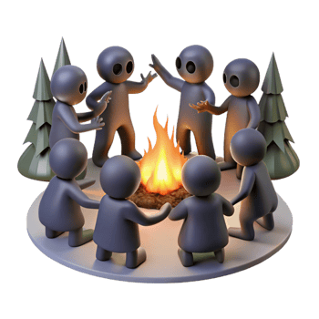 extraordinary abstract A group of shadowy figures chanting around a bonfire in a dark forest. Firelight casting flickering shadows. Cult horror, folk horror style high resolution png