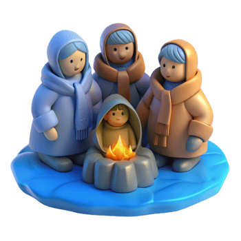 elegant artistic A group of refugees huddled together for warmth in a freezing wasteland, desperate and poignant, cold blue lighting genuine png