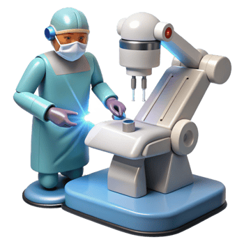 elegant contemporary A robotic surgeon performing a delicate procedure with laser tools, illuminated by a focused, surgical light, rendered in a hyperrealistic, medical illustration style authentic png