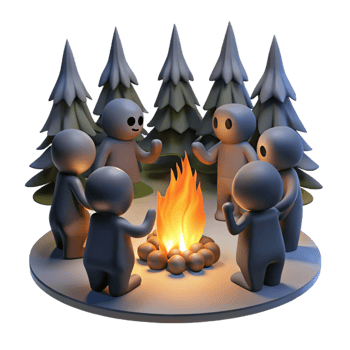 stunning creative A group of shadowy figures chanting around a bonfire in a dark forest. Firelight casting flickering shadows. Cult horror, folk horror style high resolution png