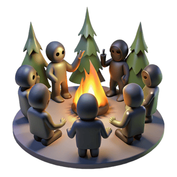 serene creative A group of shadowy figures chanting around a bonfire in a dark forest. Firelight casting flickering shadows. Cult horror, folk horror style authentic png