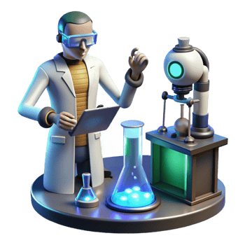 vibrant creative A robotic scientist conducting an experiment in a high-tech laboratory, illuminated by the glow of monitors and equipment. Scientific illustration style 4K png
