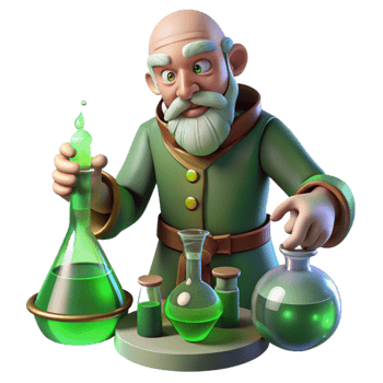 beautiful modern A wise old alchemist mixing potions in his cluttered laboratory, lit by the eerie green glow of magical ingredients, in a fantasy art style 4K png