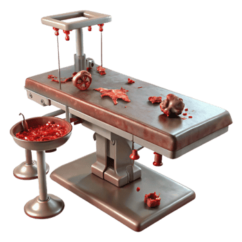 serene contemporary A blood-soaked operating table with rusty surgical instruments scattered around. Harsh fluorescent lighting. Medical horror, splatterpunk style professional png