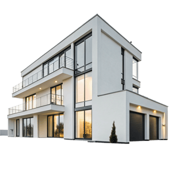 Stunning Modern White House with Large Windows and Balconies at Dusk png