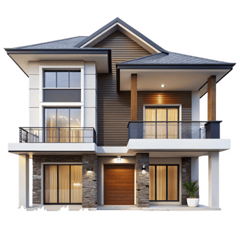 Stunning Two Story Modern House Exterior Design with Wood and Stone Accents png