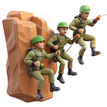 serene rustic A group of soldiers rappels down a cliff face, preparing for a surprise attack. Dynamic composition, action-adventure style professional png