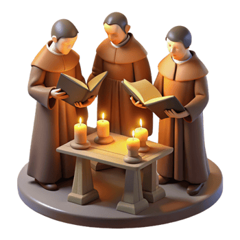 impressive vintage A group of monks meticulously illuminating a manuscript in a dimly lit scriptorium, lit by the warm glow of oil lamps, in a medieval miniature style high quality png