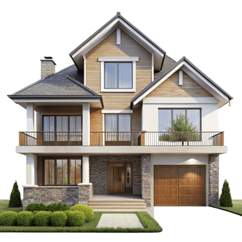 Stunning Two Story House with Stone and Wood Exterior in Suburban Setting png