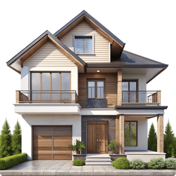 Stunning Two Story Modern House with Wooden Accents and Balconies png