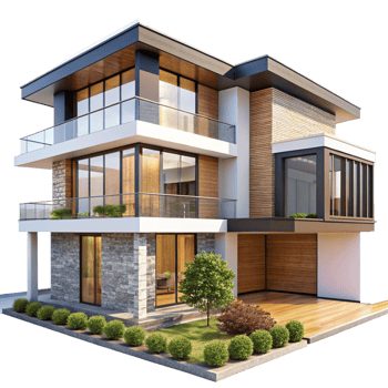 Stunning Modern Three Story House with Wood and Stone Exterior and Lush Landscaping png