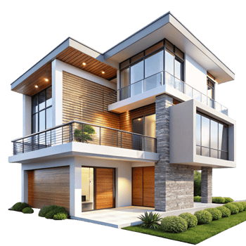 Modern Two Story House Architectural Design with Wood and Stone Exterior png