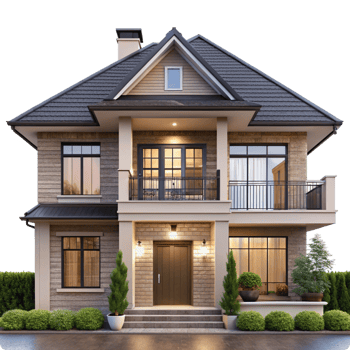 Stunning Two Story House Exterior Design with Stone Facade and Balcony png