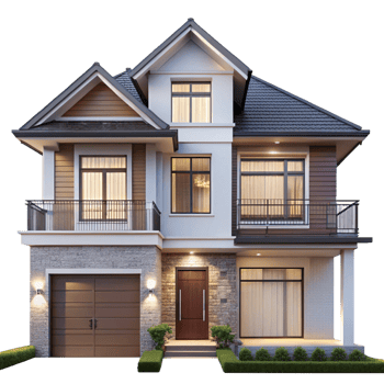 Stunning Two Story House Exterior Design at Night with Garage and Landscaping png