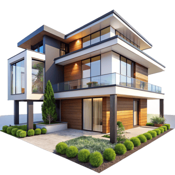Modern Luxury Two Story House with Glass Walls and Wooden Exterior png