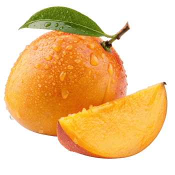 A juicy ripe peach with a slice showing its delicious orange flesh and a green leaf glistening with water droplets png