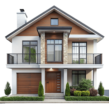 Stunning Two Story Modern House with Wooden Accents and Stone Pillars png