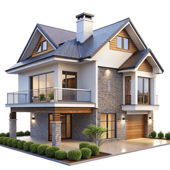 Stunning Two Story Modern House with Stone Exterior and Balcony png