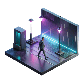 wonderful creative A solitary figure walking down a rain-soaked street at night, neon reflections, noir style, dramatic lighting 4K png
