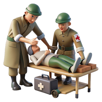 serene artistic A medic tends to a wounded soldier in a makeshift field hospital. Somber lighting, documentary style detailed png