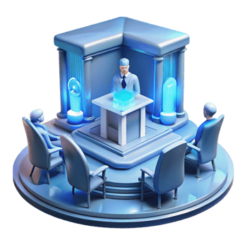 impressive vintage A futuristic courtroom with a holographic judge presiding over a trial, sterile and impersonal, cold blue lighting genuine png