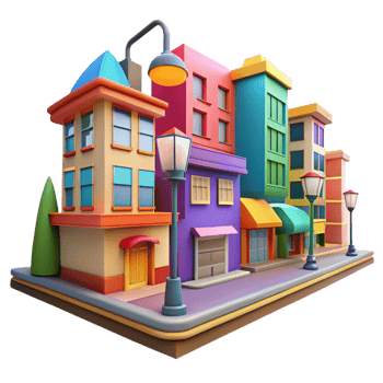 elegant contemporary A vibrant street scene in a bustling city, colorful buildings, streetlights, urban style 4K png