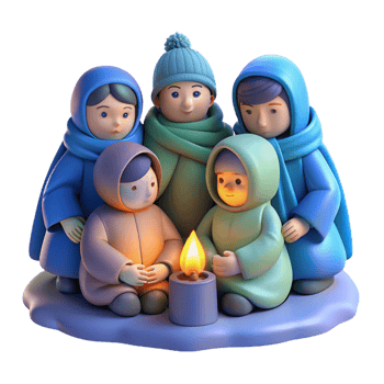 vibrant classic A group of refugees huddled together for warmth in a freezing wasteland, desperate and poignant, cold blue lighting exclusive png