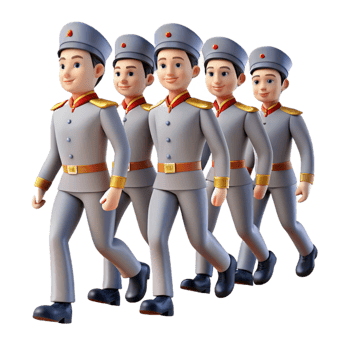 serene artistic A group of people wearing identical uniforms, marching in perfect synchronization, oppressive and dehumanizing, cold grey lighting detailed png