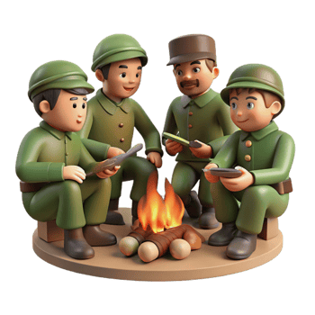 wonderful minimalist A group of soldiers huddled around a campfire, sharing stories and rations. Warm, intimate lighting, camaraderie style exclusive png