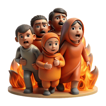 dramatic contemporary A group of refugees flees a burning city, their faces etched with fear. Warm, orange hues, photojournalistic style original png