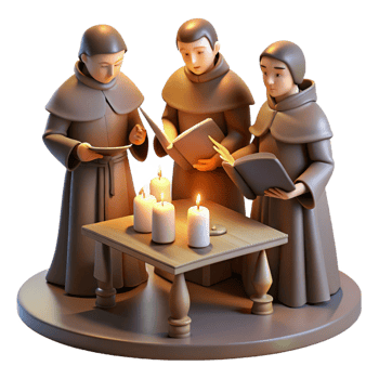 stunning abstract A group of monks meticulously illuminating a manuscript in a dimly lit scriptorium, lit by the warm glow of oil lamps, in a medieval miniature style 4K png