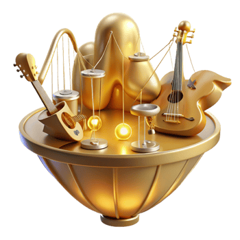vibrant contemporary A floating island composed of musical instruments, connected by shimmering strings of light, bathed in soft golden light, Art Deco style original png