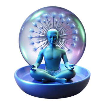 dramatic abstract A solitary figure with bioluminescent skin, meditating within a giant dandelion seedhead, lit by the ethereal glow of a nebula, Art Nouveau style detailed png