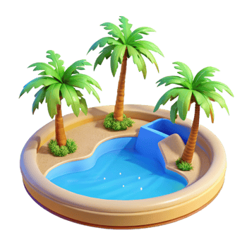 impressive abstract A desert oasis with palm trees and a clear blue pool, vibrant and refreshing, photorealistic style high resolution png