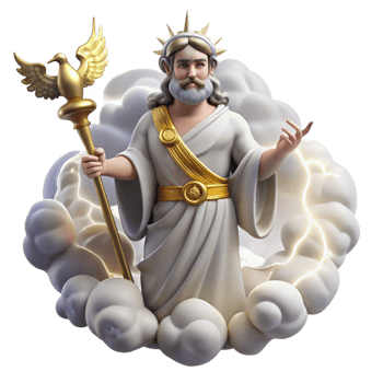 serene creative A regal Roman Jupiter holding a lightning bolt, surrounded by swirling clouds and eagles. Classical style high quality png