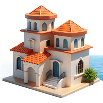 elegant vintage Mediterranean villa, white stucco walls, terracotta roof, overlooking the sea, bright sunlight, realistic painting premium png