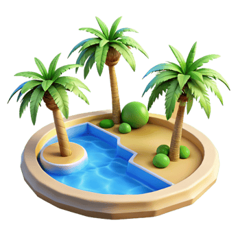 vibrant creative A desert oasis with palm trees and a clear blue pool, vibrant and refreshing, photorealistic style detailed png