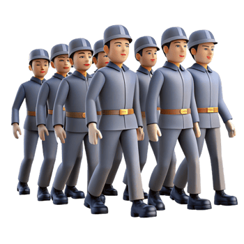 extraordinary traditional A group of people wearing identical uniforms, marching in perfect synchronization, oppressive and dehumanizing, cold grey lighting authentic png
