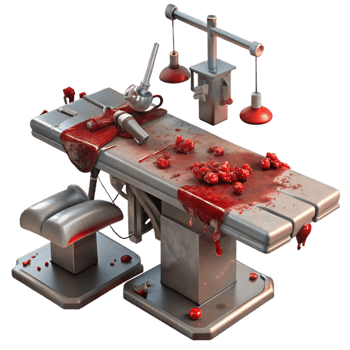 wonderful rustic A blood-soaked operating table with rusty surgical instruments scattered around. Harsh fluorescent lighting. Medical horror, splatterpunk style authentic png