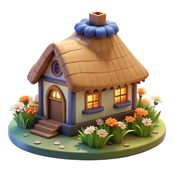 serene vintage A traditional thatched roof cottage, surrounded by wildflowers, idyllic lighting, storybook style detailed png