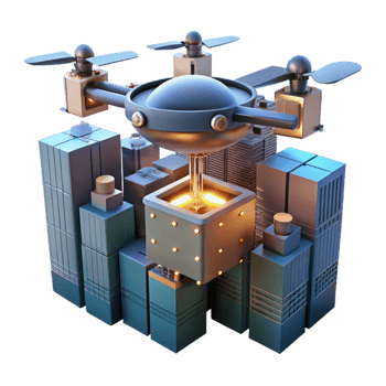 impressive minimalist A robotic delivery drone carrying a package through a bustling cityscape, illuminated by the city lights. Drone photography style professional png