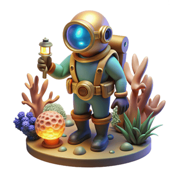 elegant modern A steampunk diver exploring a coral reef, brass helmet illuminating bioluminescent flora and fauna, underwater lighting, fantasy art style genuine png