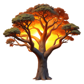 beautiful creative A gnarled, ancient oak tree silhouetted against a fiery sunset, its branches reaching towards the sky. Dramatic lighting, painterly style 4K png