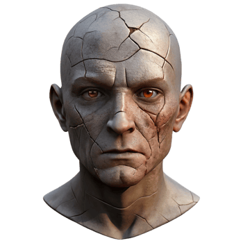 wonderful modern A close-up of a cracked and weathered human face, etched with hardship, dramatic chiaroscuro lighting authentic png
