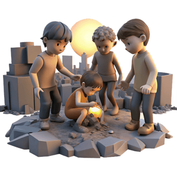 dramatic abstract A group of children scavenging for scraps in a bombed-out city, lit by the faint light of a dying sun, poignant and melancholic, 4K png