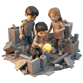 elegant creative A group of children scavenging for scraps in a bombed-out city, lit by the faint light of a dying sun, poignant and melancholic, high resolution png